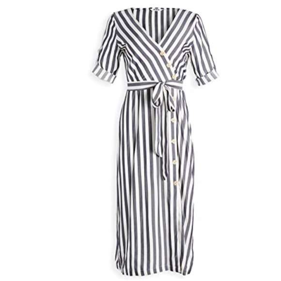BB DAKOTA 4 Set Sail Stripe Midi Dress In Navy - Picture 1 of 16